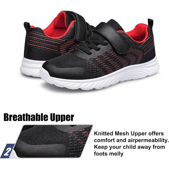 Kids Black Red Lightweight Breathable Athletic Running Tennis Fitness Sneakers - Picture 4 of 6